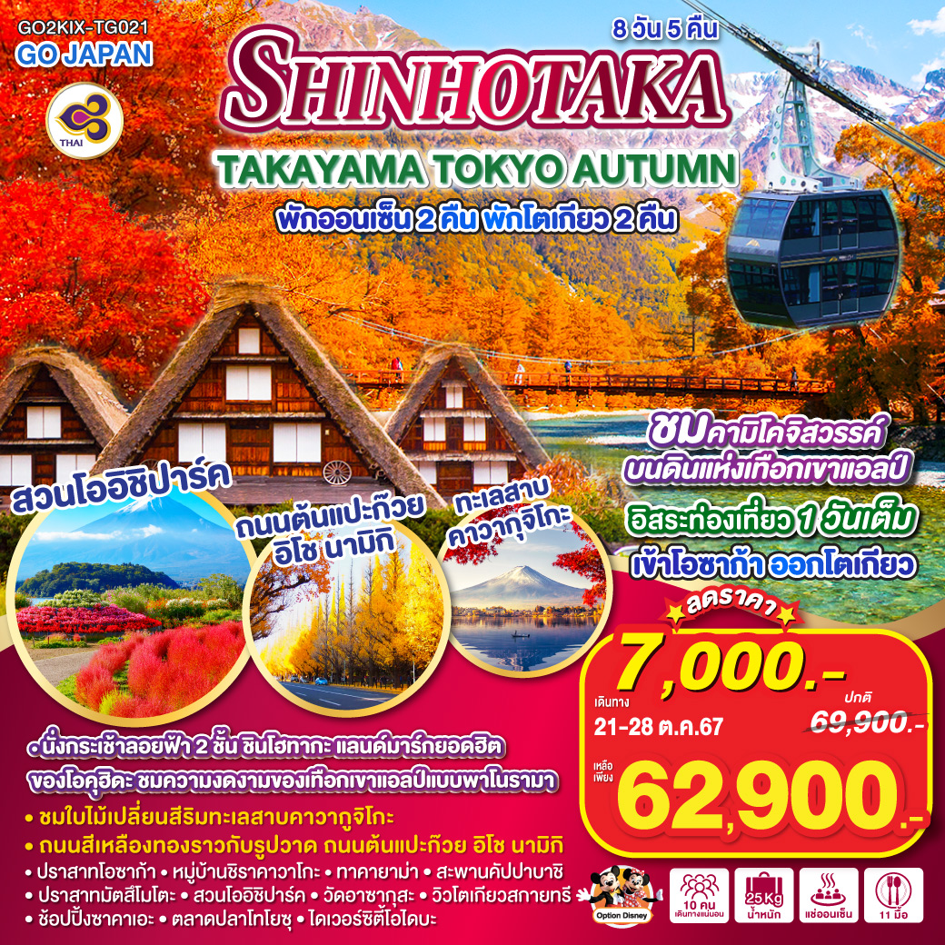 ทัวร์ญี่ปุ่น SHINHOTAKA TAKAYAMA TOKYO AUTUMN 8วัน 5คืน (TG)